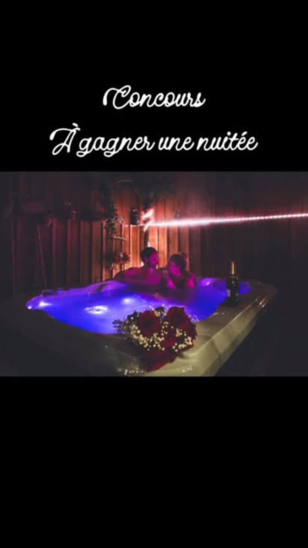 Petit Petit cadeau 🎁 de fin d année.
Pour le passage à l année 2026 on vous fait gagner une nuitée Romantique ❤️🔥 pour 2 personnes dans un de nos LOV ‘ IN CHALET à Biscarrosse (40) : IDYLLE , ROMANCE OU RÊVES D UN SOIR .
Au programme place à l évasion : jacuzzi privatif , ambiance romantique, lumières tamisées, petit déjeuner 🥐 ☕️ ….
tout est réuni pour vivre un moment magique loin du quotidien.
Valeur totale : 200 €
Pour tenter votre chance :
📌Suivez nos pages insta et Facebook
❤️Likez ce post
& Identifiez 👥 2 personnes en commentaire
💌Partagez en story cela sera verifié en mentionnant @lovin_chalets
vous pouvez participer autant de fois que vous voulez en indiquant des personnes différentes !
Vous pouvez également jouer sur notre page Facebook Lovin chalet pour doubler vos chances 🍀.
Une soirée inoubliable vous attend … Bonne chance à TOUS
Le Tirage au sort aura lieu le 08 Janvier 2026
#loveroom #love #nightlife #amour
#jeuconcours